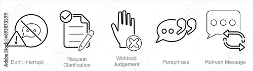 A set of 5 Active Listening icons as don�t inturrupt, request clarification, with hold judgement
