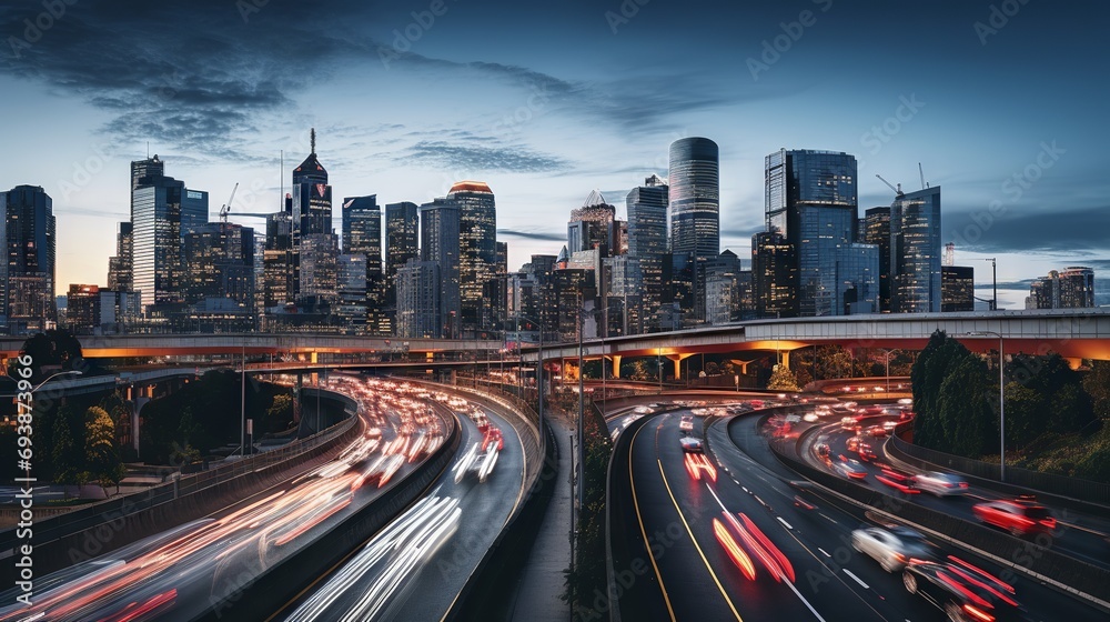 Cityscape panorama with modern buildings and busy roads in the evening light