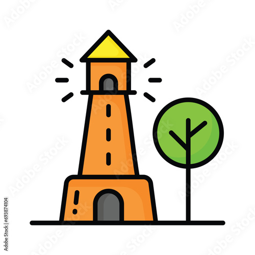 A tower containing a beacon light to warn or guide ships at sea, well designed icon of lighthouse