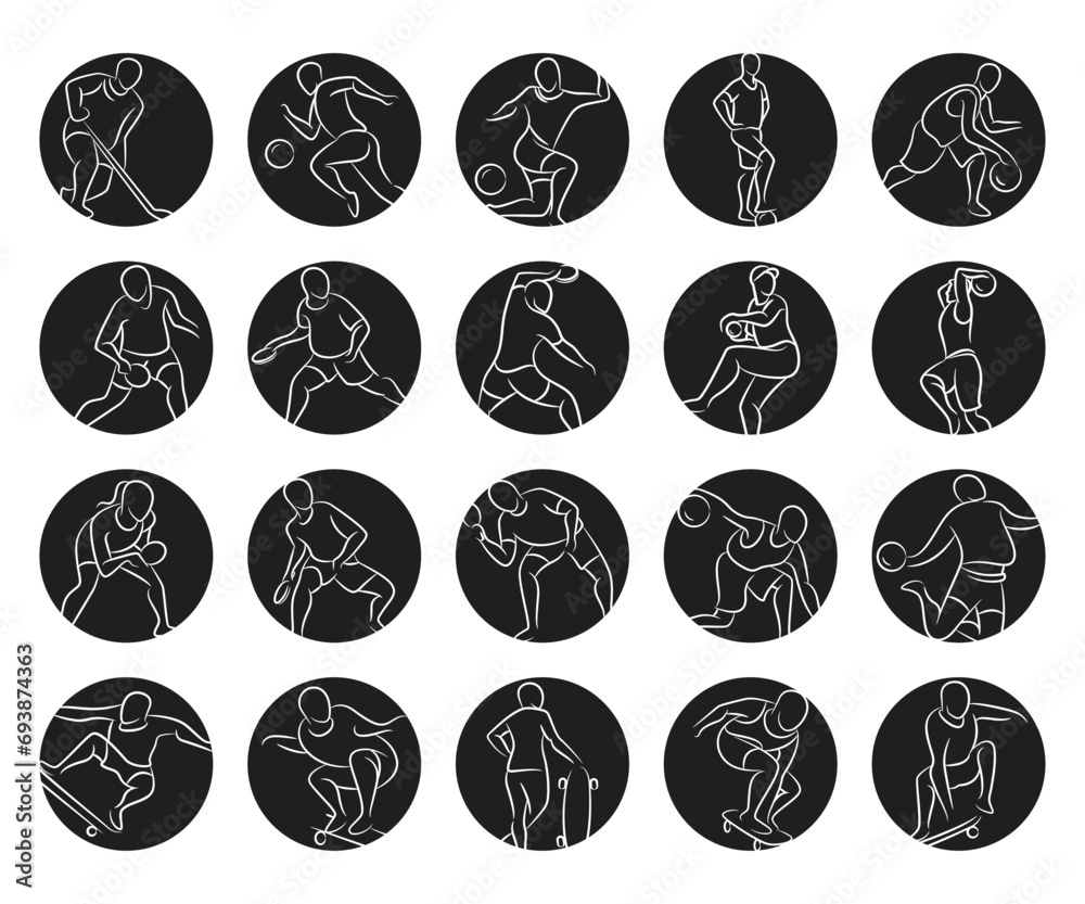 sportsman and athlete icons in circle button set