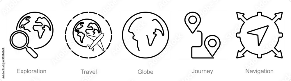 A set of 5 Adventure icons as exploration, travel, globe A set of 5 Adventure icons as exploration, travel, globe