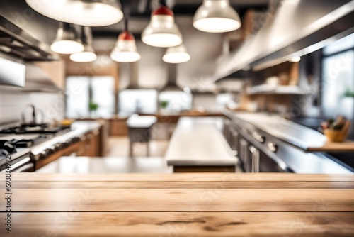 Wood table top on blurred of counter cafe shop with light bulb background.For montage product display or design key visual layout.