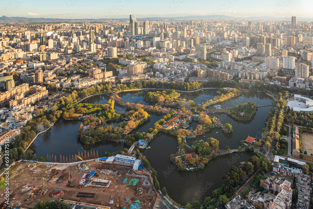 Aerial view of Green Lake park in Kunming, Yunnan capital - China