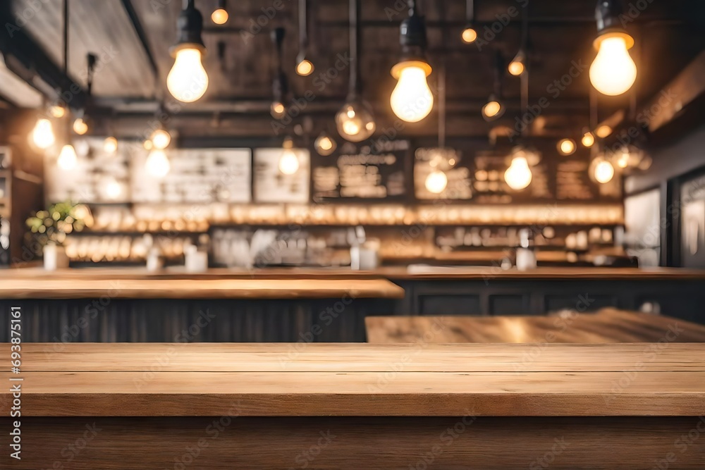 Wood table top on blurred of counter cafe shop with light bulb background.For montage product display or design key visual layout. Wood table top on blurred of counter cafe shop with light bulb background.For montage product display or design key visual layout.