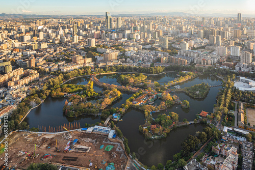 Aerial view of Green Lake park in Kunming, Yunnan capital - China