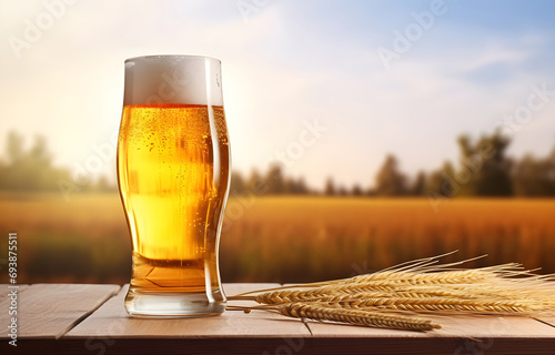 glass of beer and ears of barley on white wooden table over white blurred nature background