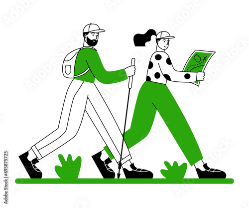 Couple walking with trekking poles, backpack and map. Young people traveling together. Adventure, trekking, healthy lifestyle, tourists walking route outdoor. Linear flat people vector illustration