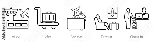 A set of 5 Airport icons as airport, trolley, voyage