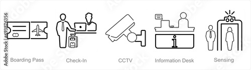 A set of 5 Airport icons as boarding pass, check in, cctv