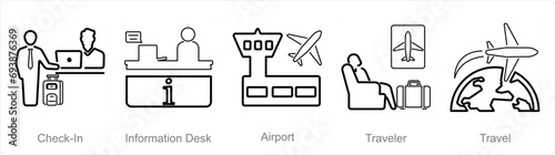 A set of 5 Airport icons as check in, information desk, airport
