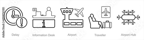 A set of 5 Airport icons as delay, information desk, airport