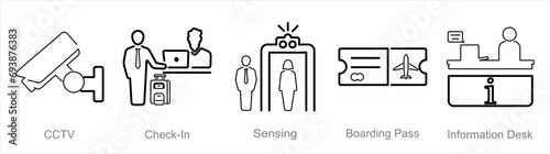 A set of 5 Airport icons as cctv, check in, sensing