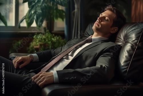 The businessman lay down on a chair in the office to take a break from hard work, taking a minute break to relieve fatigue and collect his thoughts.