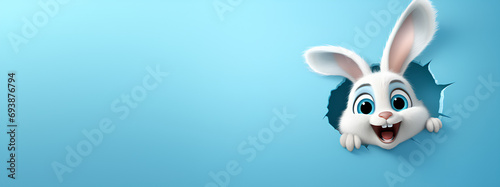 Easter bunny poster peeking out of a hole in the wall with copy space, rabbit jumps out of a torn hole 