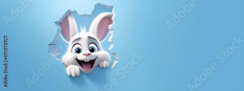 Easter bunny poster peeking out of a hole in the wall with copy space, rabbit jumps out of a torn hole 