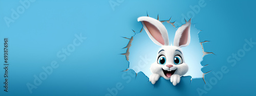 Easter bunny poster peeking out of a hole in the wall with copy space  rabbit jumps out of a torn hole 