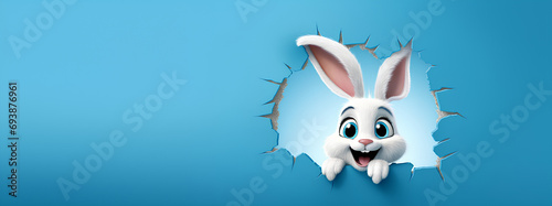 Easter bunny poster peeking out of a hole in the wall with copy space, rabbit jumps out of a torn hole 