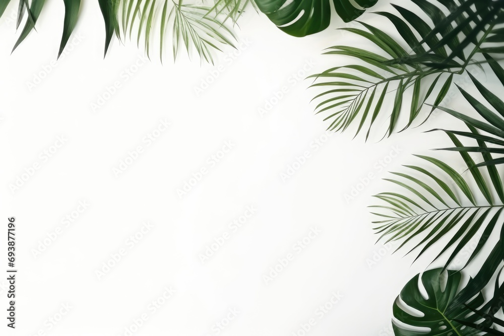 Tropical leaves natural on white background copy space. Frame with copy space for text. Tropical leaves natural on white background copy space. Frame with copy space for text.