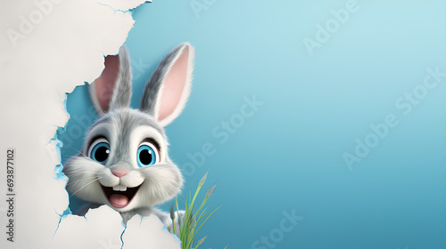 Easter bunny poster peeking out of a hole in the wall with copy space, rabbit jumps out of a torn hole  photo