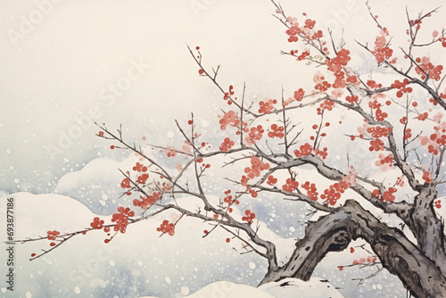 Winter antique plum blossom material, winter plum blossom concept illustration in snow scene