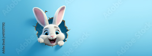 Easter bunny poster peeking out of a hole in the wall with copy space, rabbit jumps out of a torn hole 