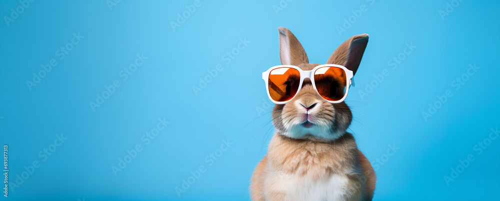 A cool easter bunny banner on a blue background with copy space - obrazy, fototapety, plakaty 