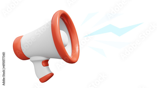3d business illustration of white and red megaphone on white color background. 3d render design of megaphone for social media banner