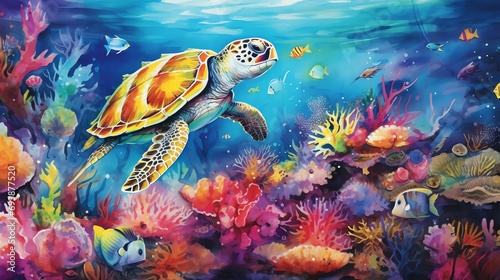watercolor painting of sea turtle in underwater scene filled with whimsical marine life © fledermausstudio
