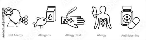 A set of 5 Allergy icons as pet allergy, allergens, allergy test