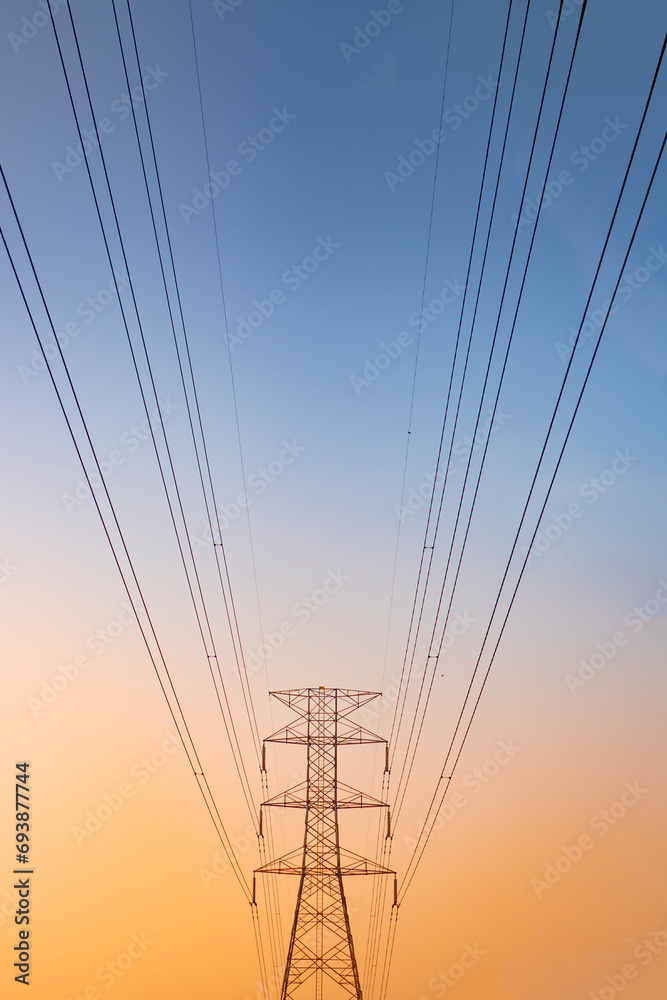 High voltage electric poles at sunset. Electricity generation business. Energy demand. Vertical image.