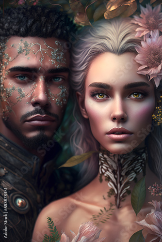 Couple in love in flowers in fantasy style, background for romantic stories photo