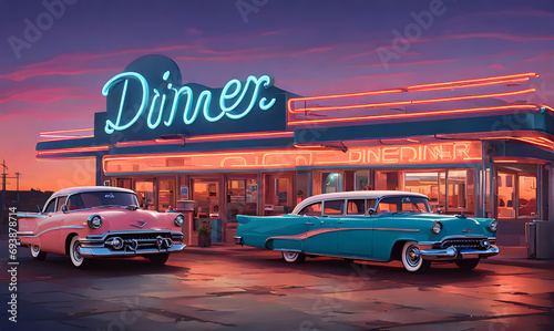 Vintage USA vibes: 60s outdoor dinner, neon signs, and cars