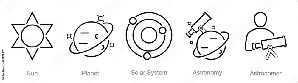 A set of 5 Astronomy icons as sun, planet, solar system