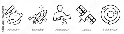 A set of 5 Astronomy icons as astronomy, spaceship, astronomer