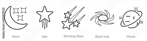 A set of 5 Astronomy icons as moon, star, shooting stars