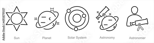 A set of 5 Astronomy icons as sun, planet, solar system