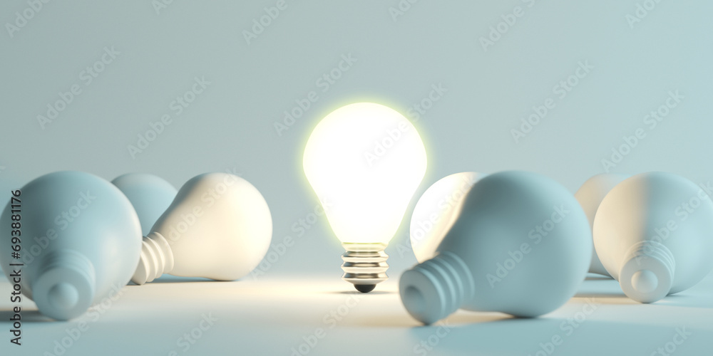 Illuminated light bulb standing Out in Crowd. Creative idea and inspire innovation - obrazy, fototapety, plakaty 