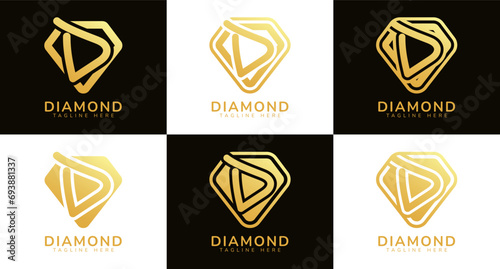 Set of diamond logos with initial letter D. These logos combine letters and rounded diamond shapes using gold gradation colors. Suitable for diamond shops, e-commerce