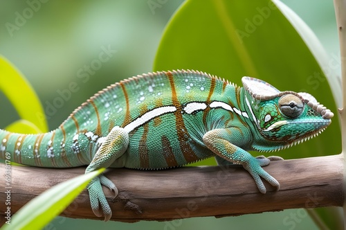 A curious chameleon blending seamlessly with its surroundings, its eyes fixed on an unsuspecting insect.
