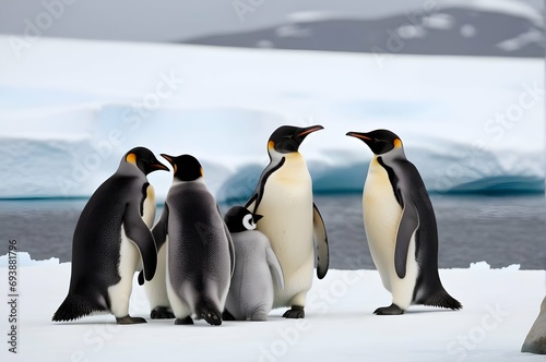 A family of penguins huddled together  braving the icy Antarctic winds with unwavering unity. 