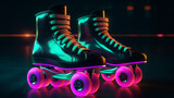 Neon roller skates in neon colors. selective focus. Generative AI,