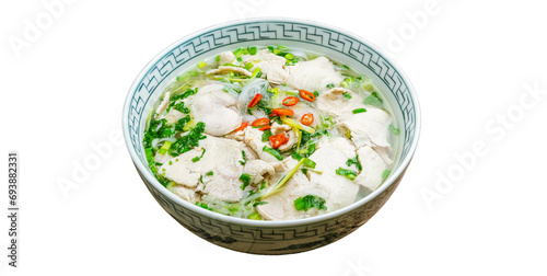 Pho, Vietnamese food served on a wooden plate, top view Asian food, white background