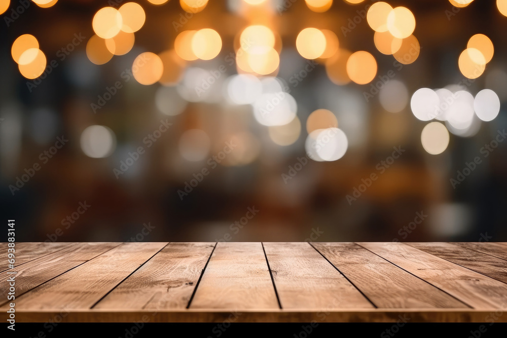 Empty wooden table top with lights bokeh on blur restaurant background.wood table on blur of cafe, coffee shop, bar, background