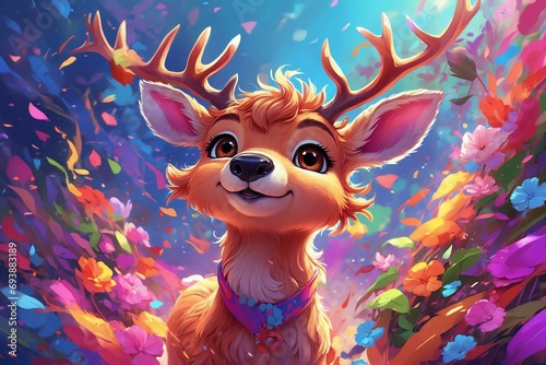 A painted image of cartoon deer with antlers