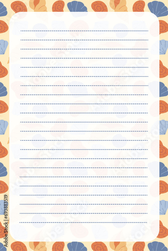 Notebook page for notes or letters with seashells. Sheet fo organizer or planner