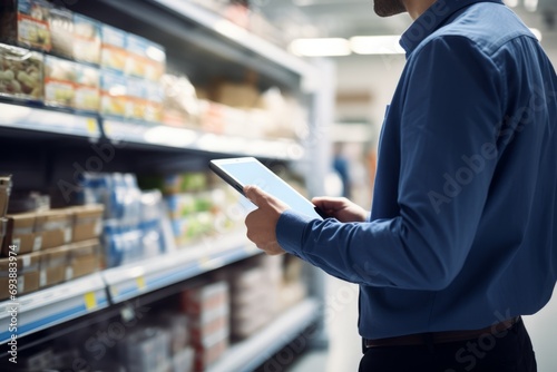 Midsection of male customer using digital tablet in grocery store during shopping