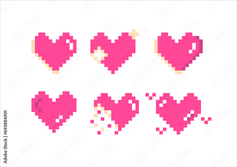 Pixel hearts pink set for poster, print, design, elements