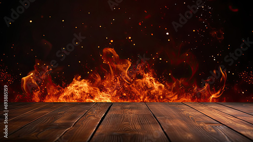 wooden table with Fire burning background,, fire particles, sparks, and smoke in the air, with fire flames on a dark background to display product