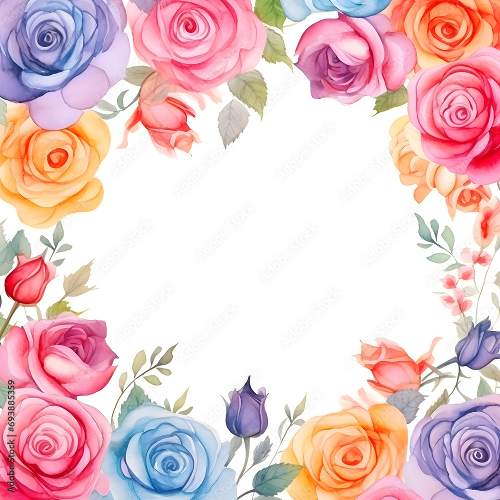 Watercolor illustration of roses frame with white space in the center.