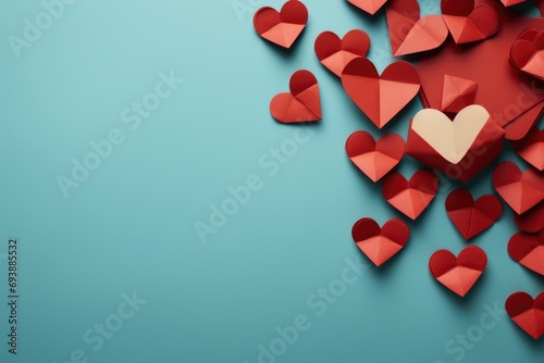Red paper hearts scattered around an envelope on a turquoise background, symbolizing a heartfelt Valentine's surprise photo